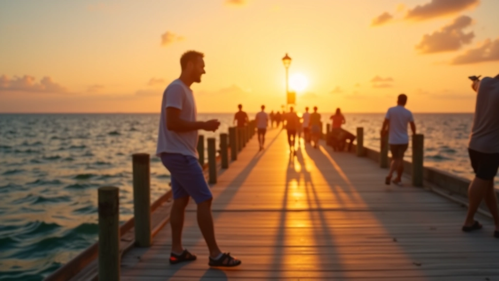 Amanecer dorado sobre el muelle con pescadores locales iniciando su jornada