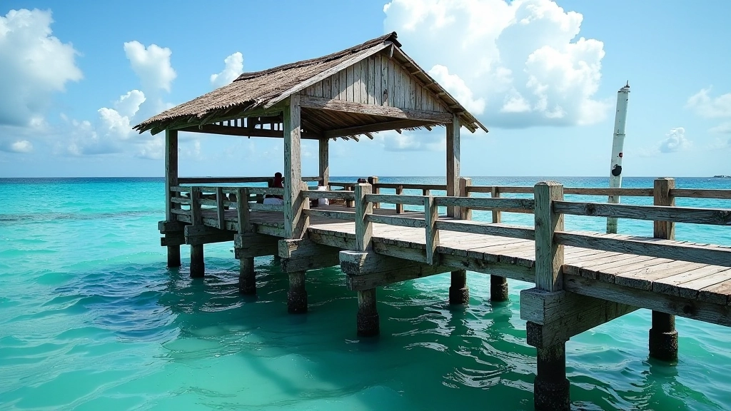 Detalle de los adoquines del muelle con agua cristalina y barandilla de madera antigua