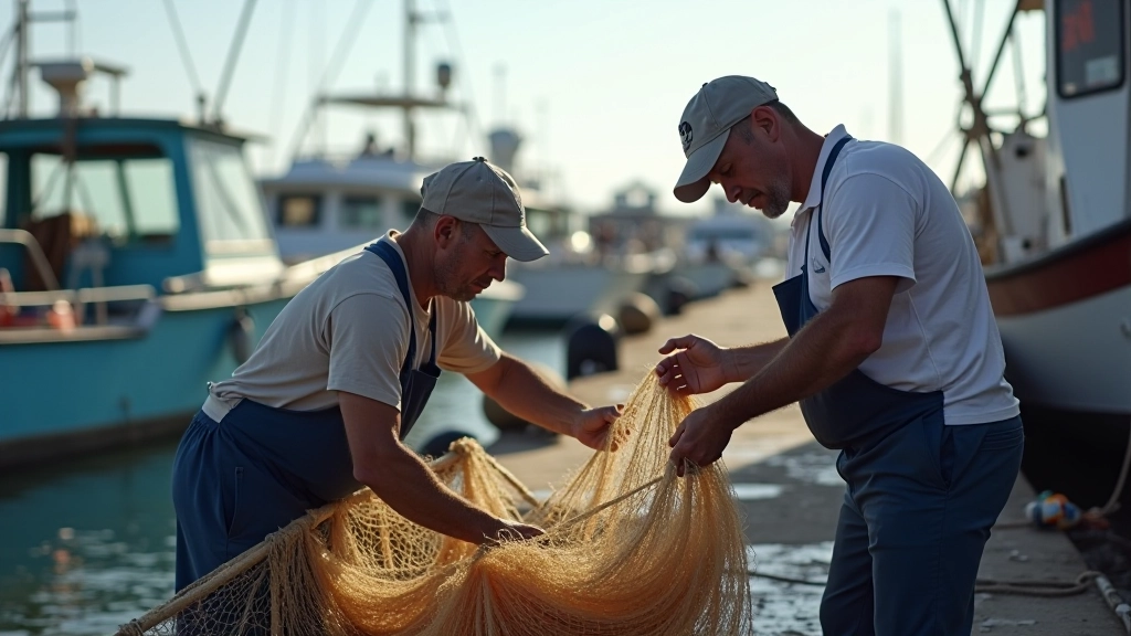 Pescadores trabajando junto a sus botes de pesca, descargando la pesca del día mientras otros revisan redes y equipo