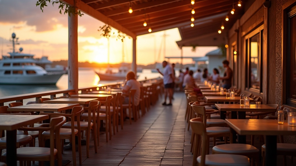 Restaurante rústico al final del muelle con mesas al aire libre, vistas al atardecer sobre el agua y menú de mariscos frescos